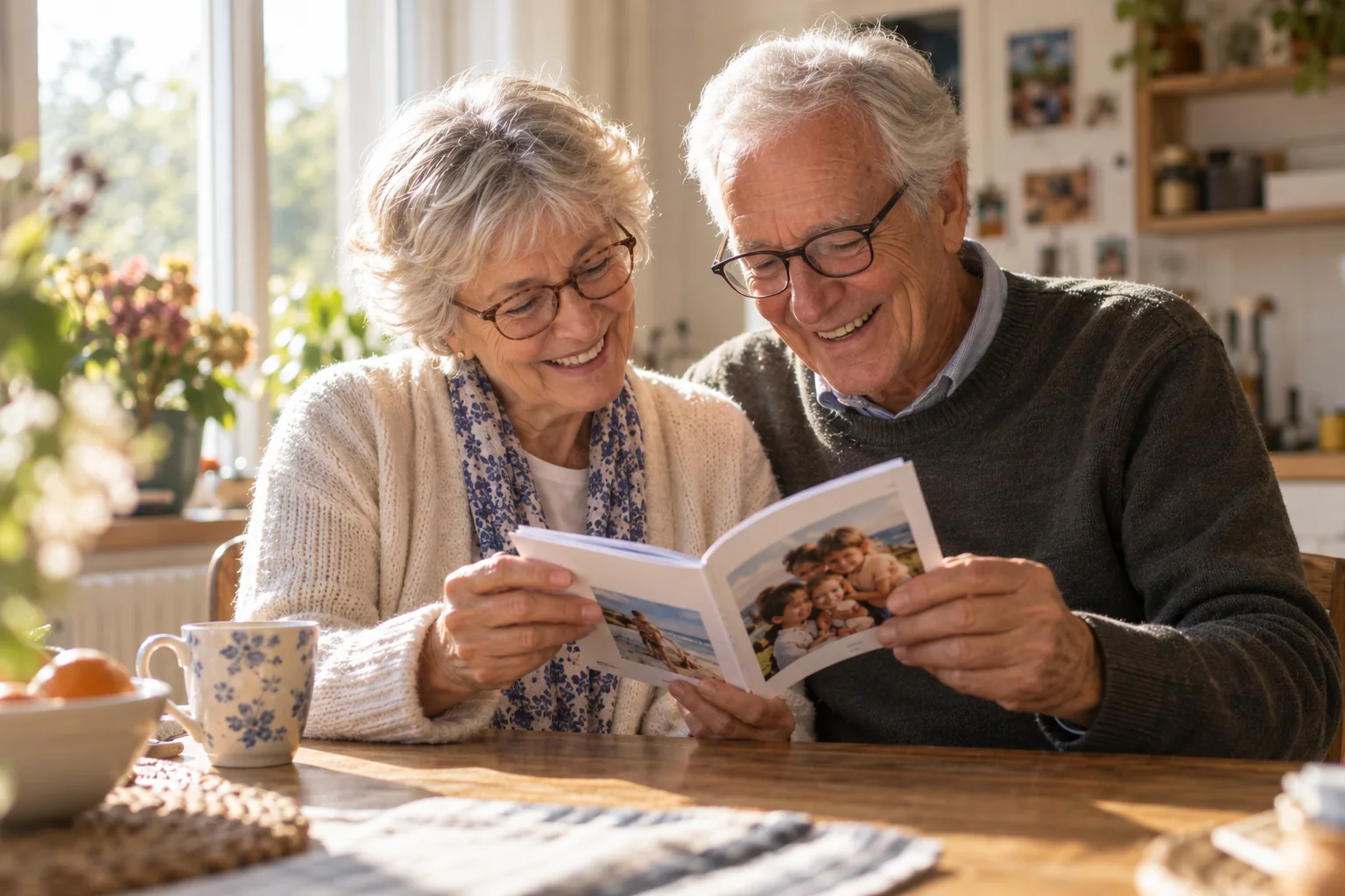 Des grands-parents feuillettent avec émotion un journal photo Neveo