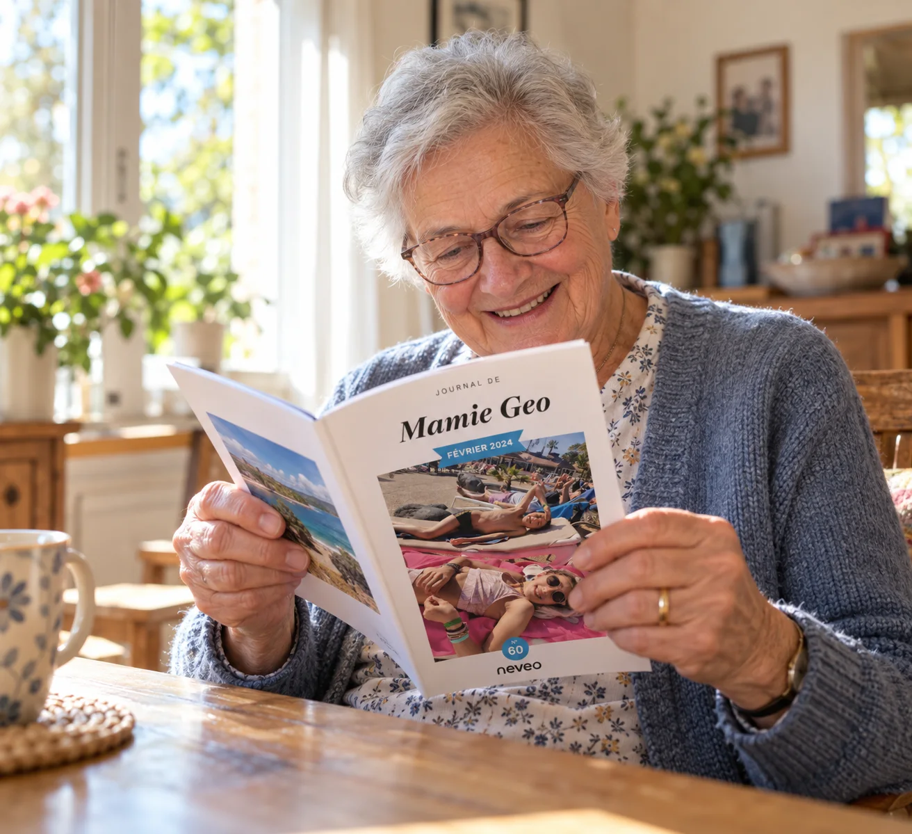 Une grand-mère feuillette avec joie son journal photo Neveo