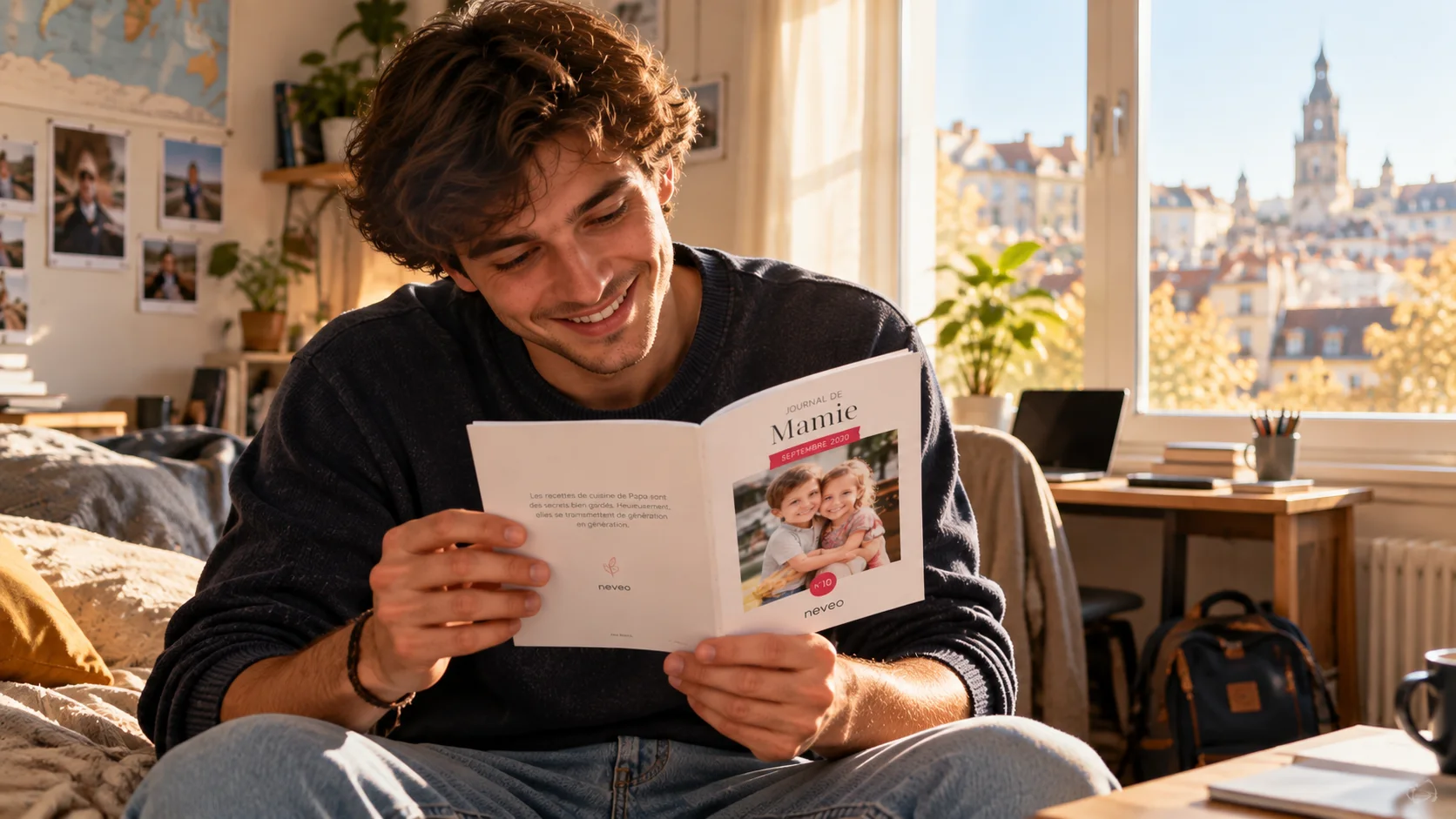 Un journal photo Neveo ouvert et tenu à deux mains